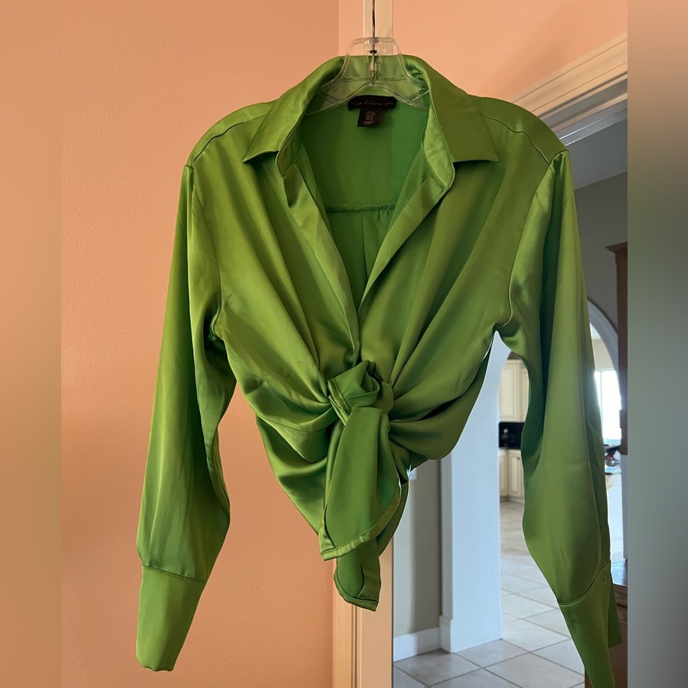 House of Harlow 1960 Apple green satin button down blouse.